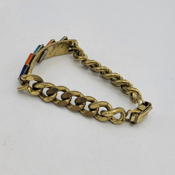 Anton Huenis Gold tone Curb Chain Diamond Shaped Lucite Signed Bracelet Rare Vtg - Picture 6 of 10